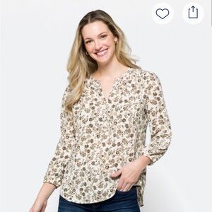 Women's Cream Floral Split-Neck Blouse